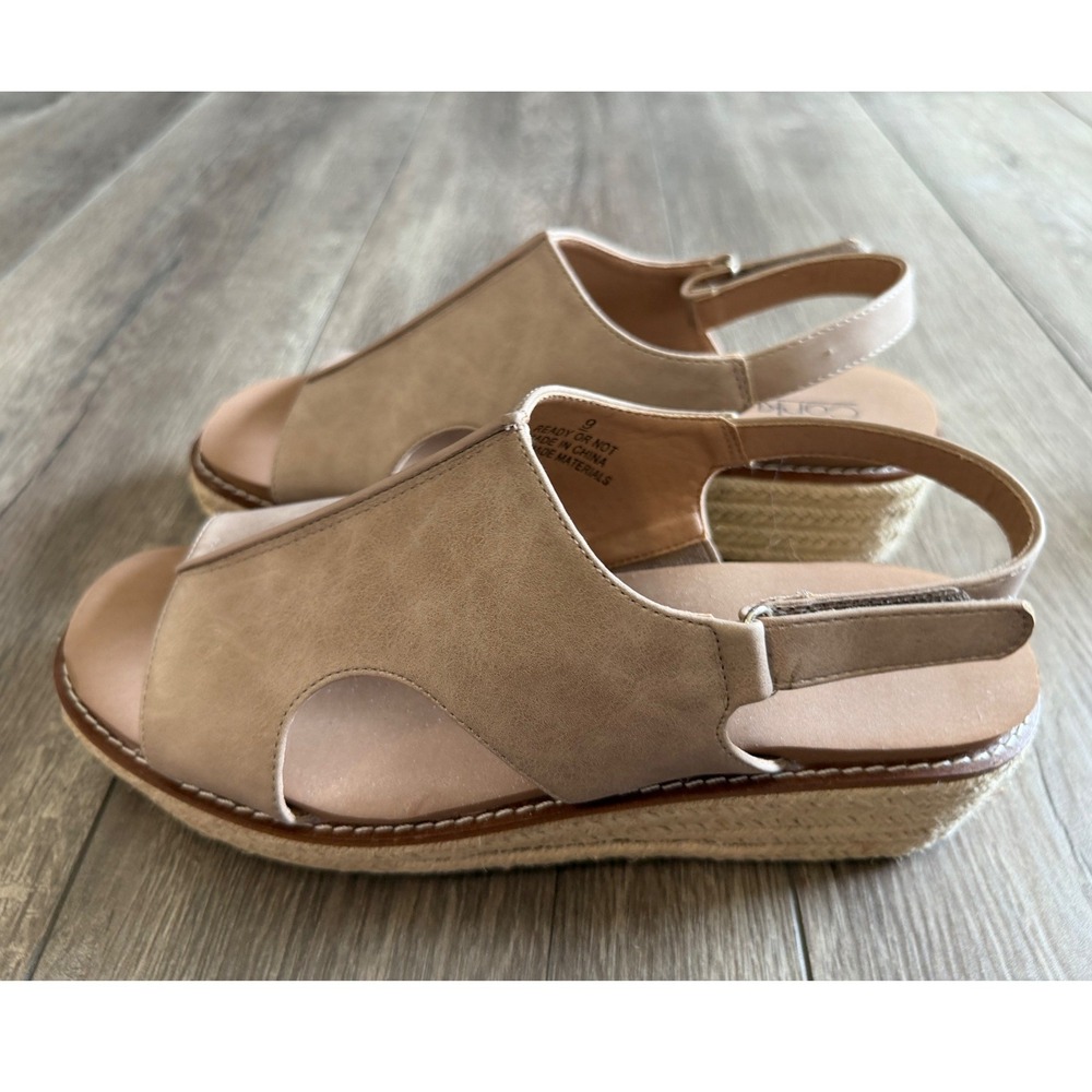 Corkys Ready Or‎ Not Tan Espadrille Wedge Sandals 9 Slingback Platform NWOT